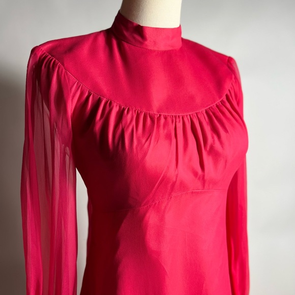 VINTAGE 70s Hot Pink Full Length Sheer Sleeve High Neck Maxi Dress Womens XS - Picture 2 of 8